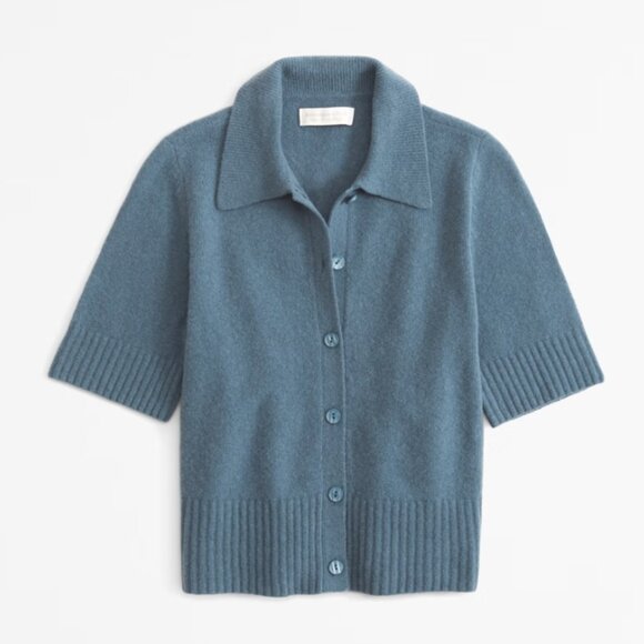 Abercrombie & Fitch Merino Wool Short-Sleeve Polo Cardigan Blue Size XS - Picture 1 of 4